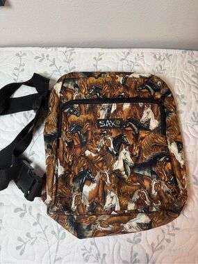 SAX Horse Print Backpack Vintage Equestrian Horse Lover School Bag Brown